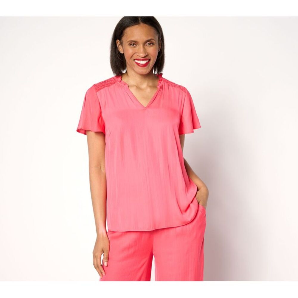 Over 50 & Fabulous Women's Top Plus Sz 1X Crinkle Satin Blouse Pink A647671